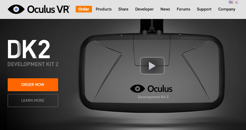 The Oculus homepage featuring the Rift DK2. Shiny.